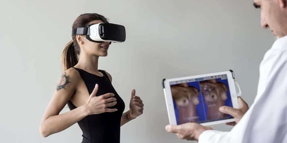 Woman using vr goggles during a consultation