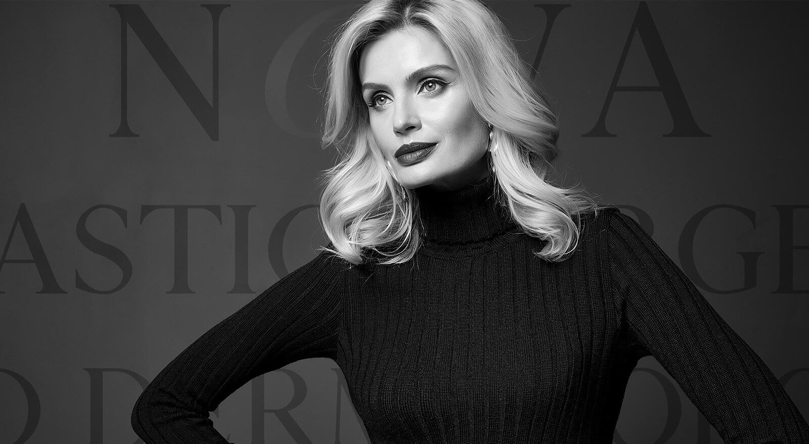 Female model in a black turtleneck sweater